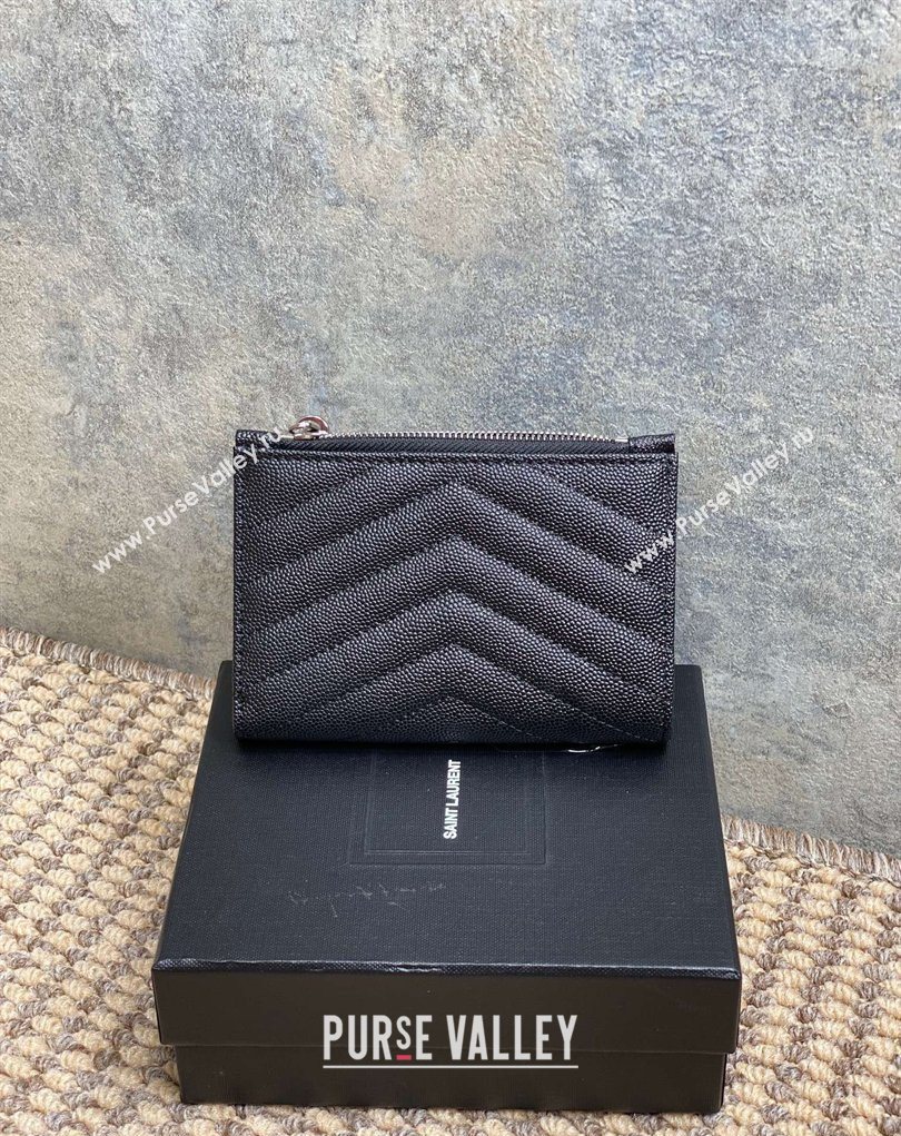 Saint Laurent Grained Leather Short Wallet Black/Silver 2026 575974 (MHUI-260403072)