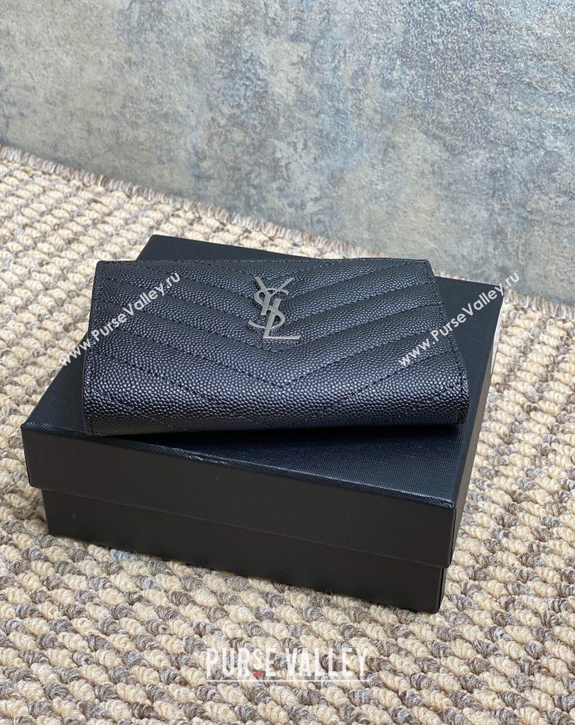 Saint Laurent Grained Leather Short Wallet Black/Silver 2026 575974 (MHUI-260403072)