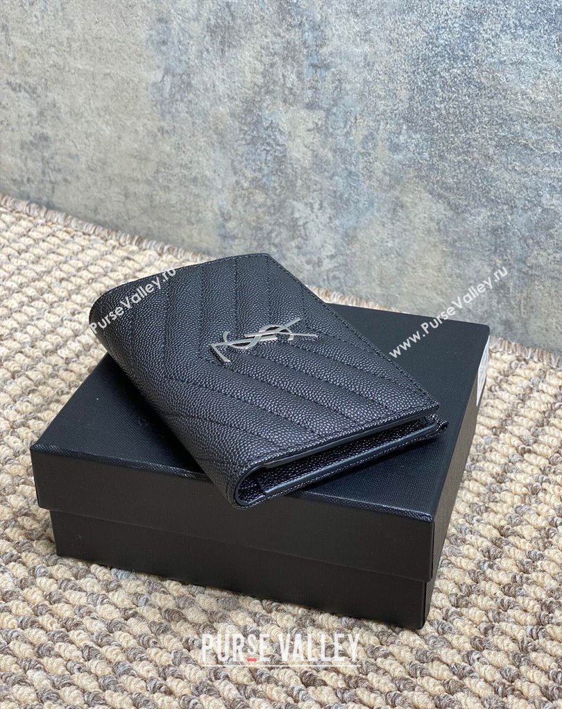 Saint Laurent Grained Leather Short Wallet Black/Silver 2026 575974 (MHUI-260403072)