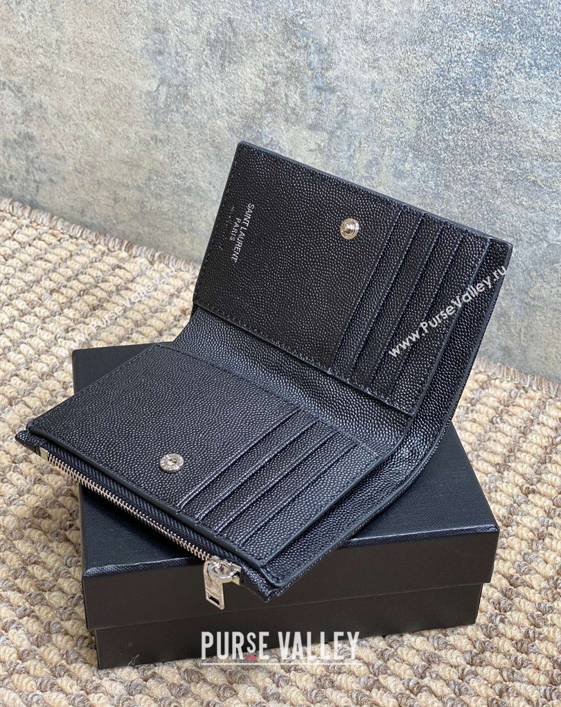 Saint Laurent Grained Leather Short Wallet Black/Silver 2026 575974 (MHUI-260403072)