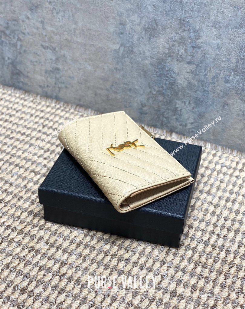 Saint Laurent Grained Leather Short Wallet Beige 2026 575974 (MHUI-260403073)