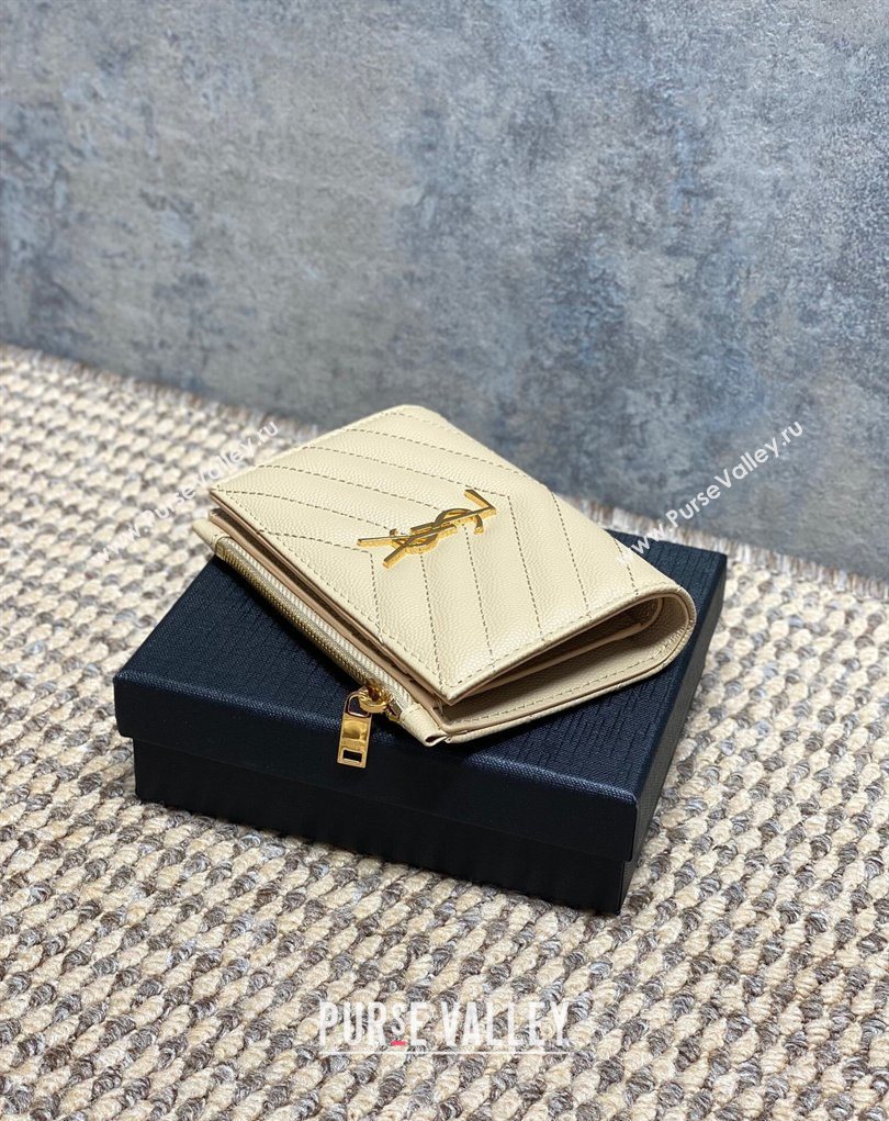 Saint Laurent Grained Leather Short Wallet Beige 2026 575974 (MHUI-260403073)