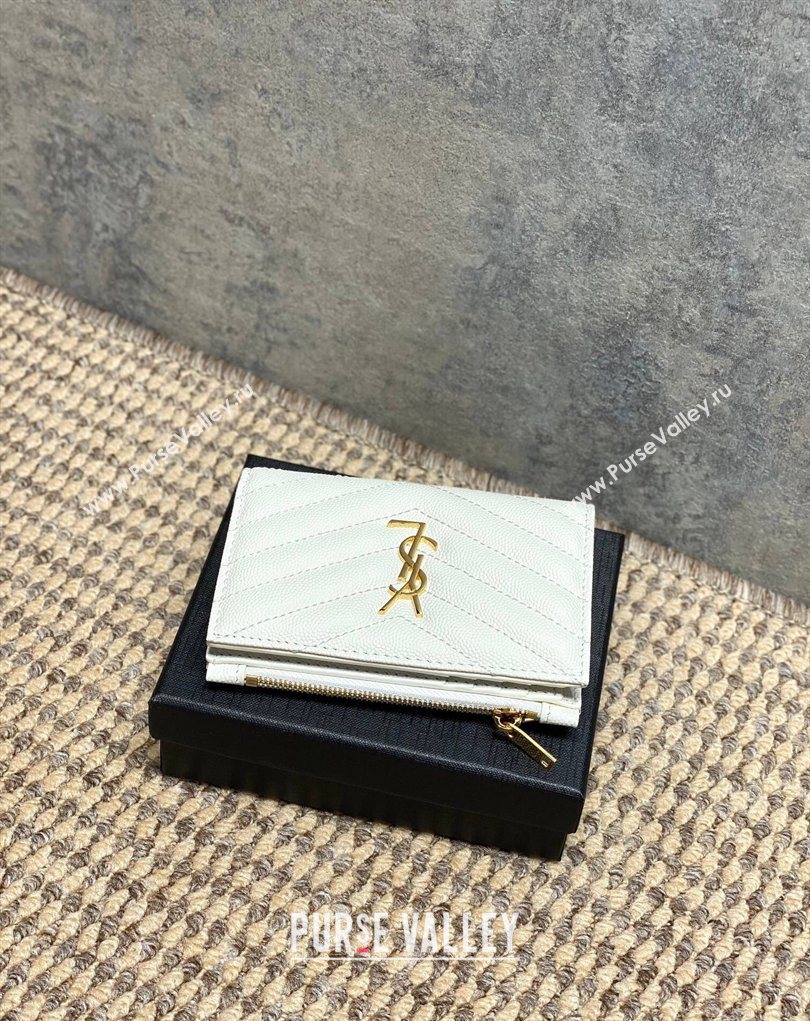 Saint Laurent Grained Leather Short Wallet White 2026 575974 (MHUI-260403074)