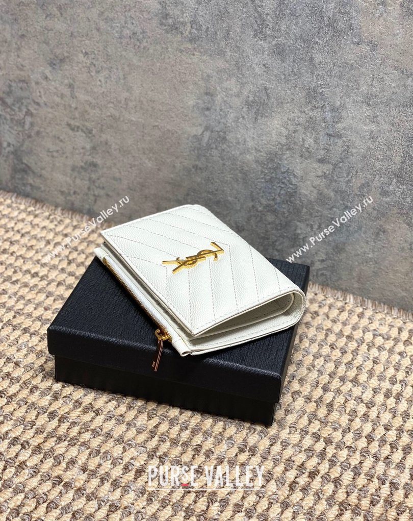 Saint Laurent Grained Leather Short Wallet White 2026 575974 (MHUI-260403074)