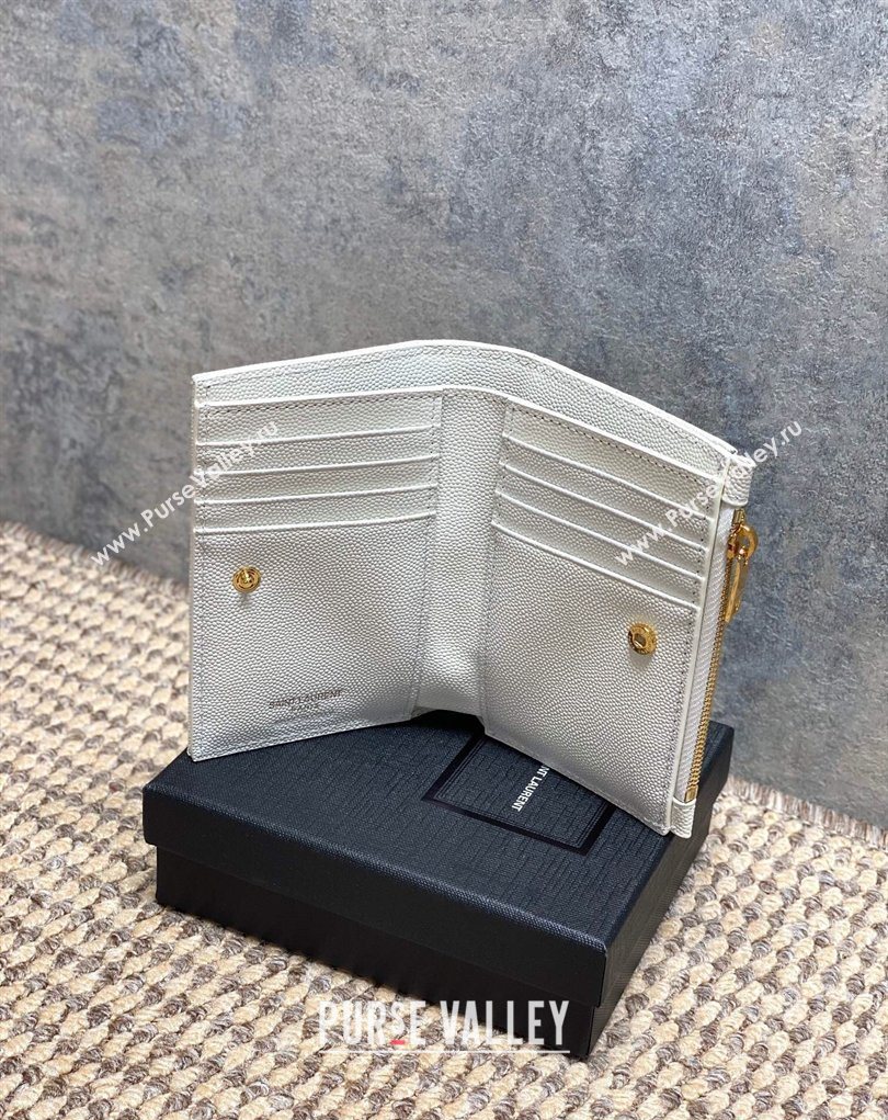 Saint Laurent Grained Leather Short Wallet White 2026 575974 (MHUI-260403074)