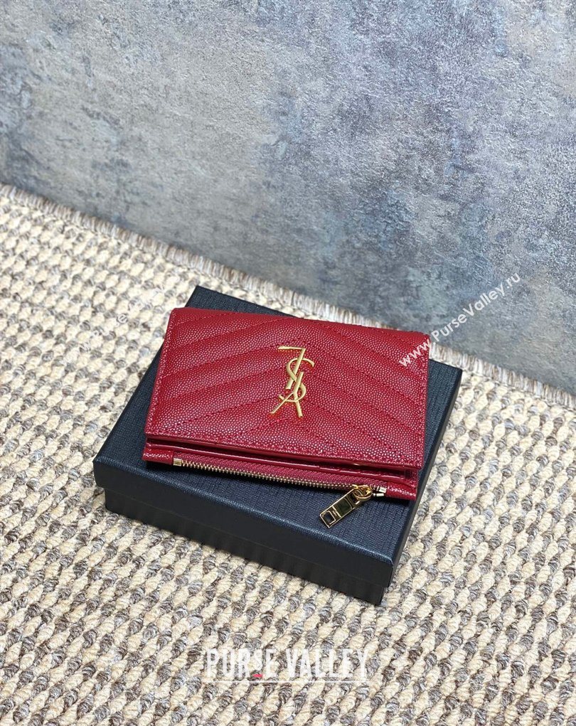 Saint Laurent Grained Leather Short Wallet Red 2026 575974 (MHUI-260403075)