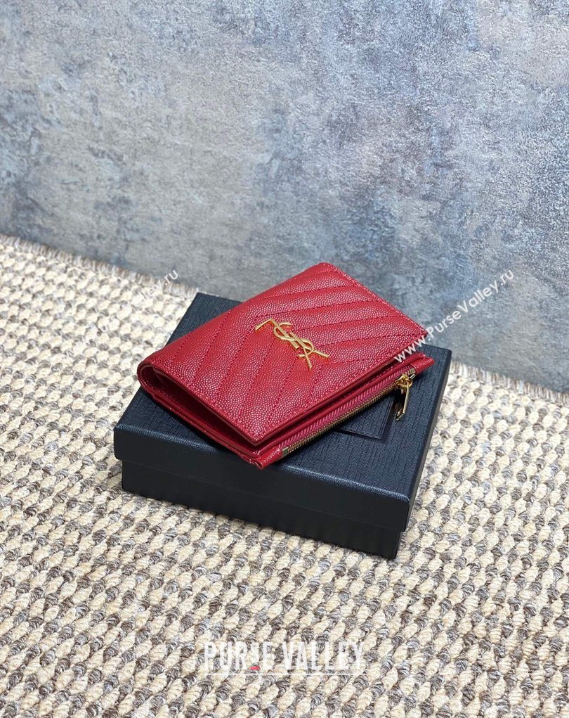 Saint Laurent Grained Leather Short Wallet Red 2026 575974 (MHUI-260403075)