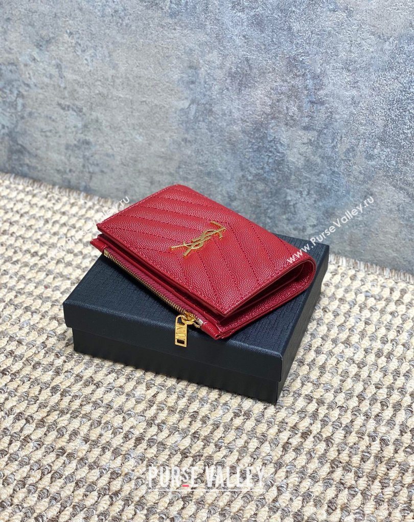 Saint Laurent Grained Leather Short Wallet Red 2026 575974 (MHUI-260403075)