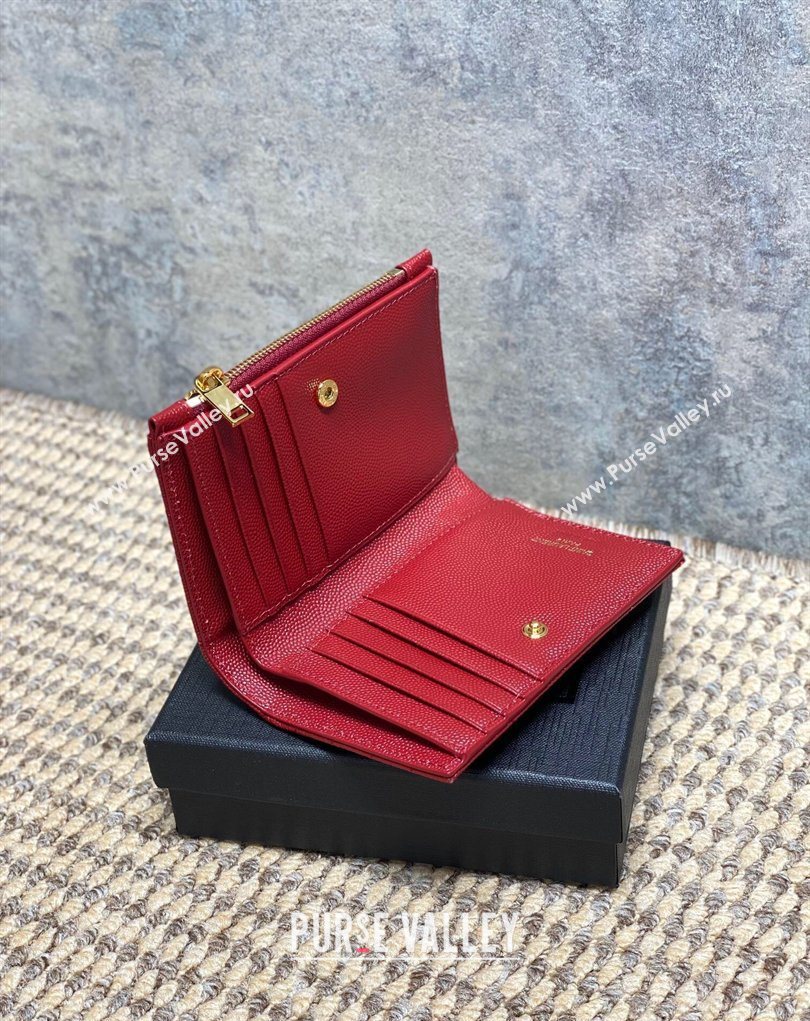 Saint Laurent Grained Leather Short Wallet Red 2026 575974 (MHUI-260403075)