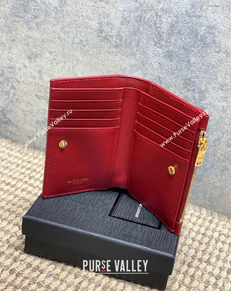 Saint Laurent Grained Leather Short Wallet Red 2026 575974 (MHUI-260403075)