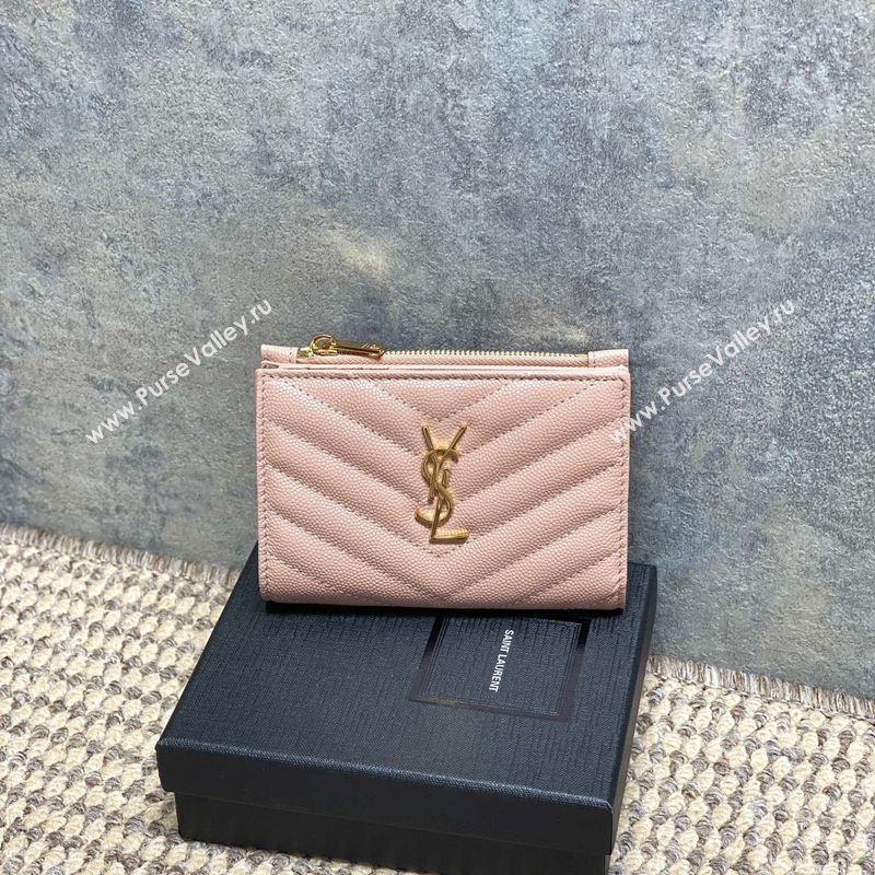 Saint Laurent Grained Leather Short Wallet Pink 2026 575974 (MHUI-260403076)