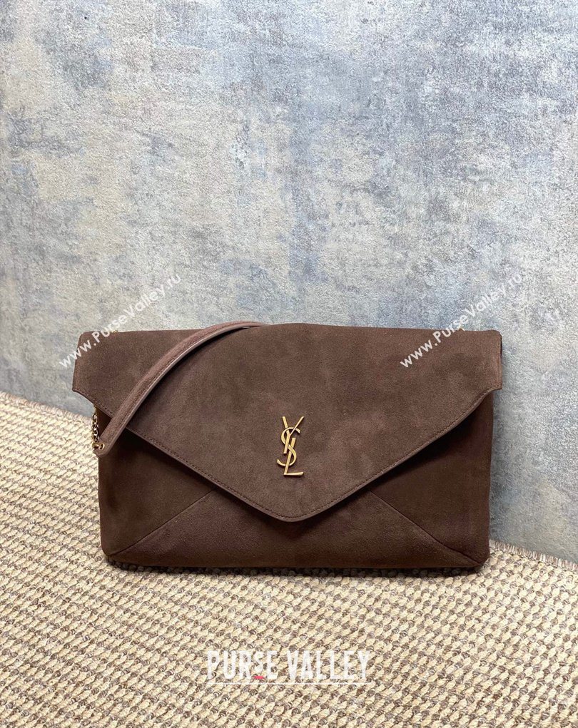 Saint Laurent Cassander XXL Envelope Pouch On Chain in Suede Dark Brown 2026 841702 (MHUI-260403104)