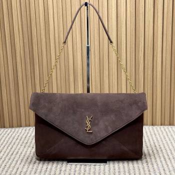 Saint Laurent Cassander XXL Envelope Pouch On Chain in Suede Dark Brown 2026 841702 (MHUI-260403104)