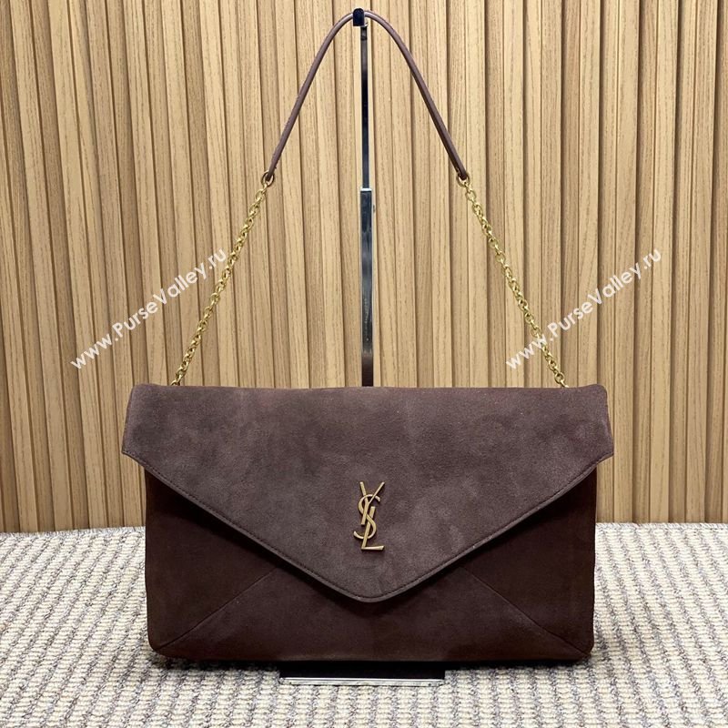 Saint Laurent Cassander XXL Envelope Pouch On Chain in Suede Dark Brown 2026 841702 (MHUI-260403104)