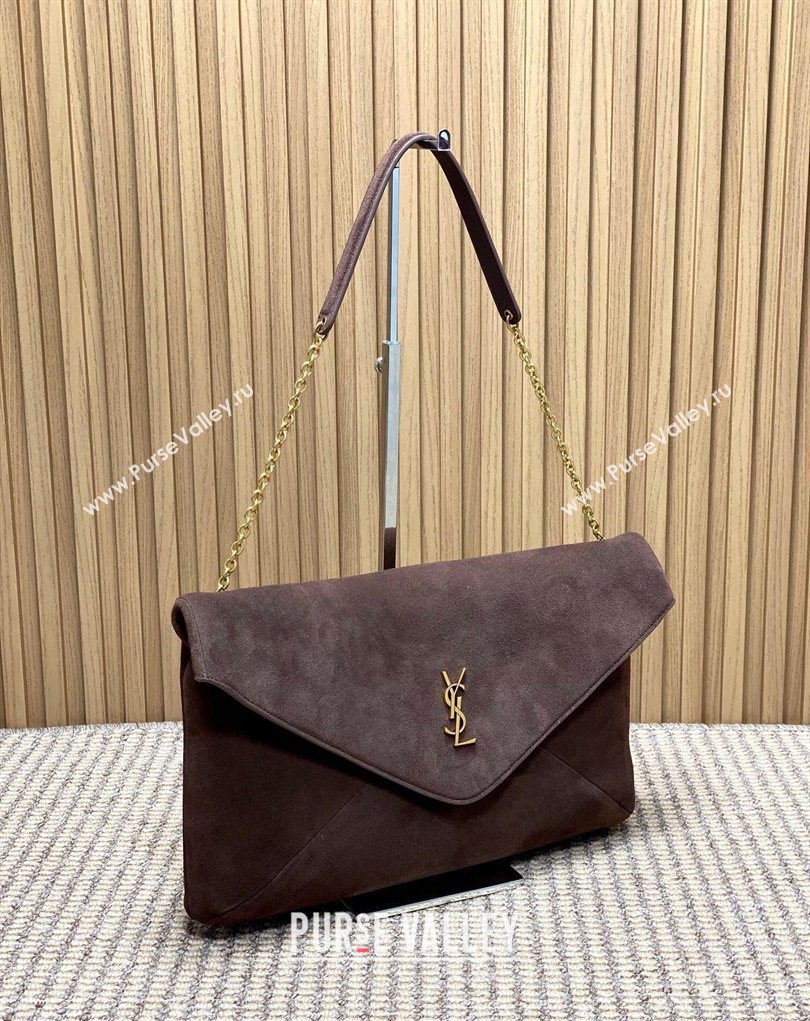Saint Laurent Cassander XXL Envelope Pouch On Chain in Suede Dark Brown 2026 841702 (MHUI-260403104)