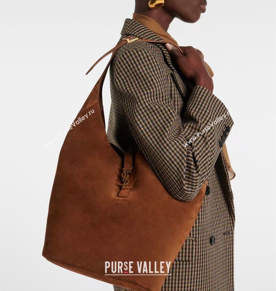 Saint Laurent LE 5 À 7 Supple Large Hobo Bag in Cotton Linen and Leather 753823 Brown 2026 (MHUI-260403122)