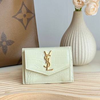 Saint Laurent Uptown Flap Card Case in Crocodile Embossed Leather White 2026 582305 (MHUI-260407002)