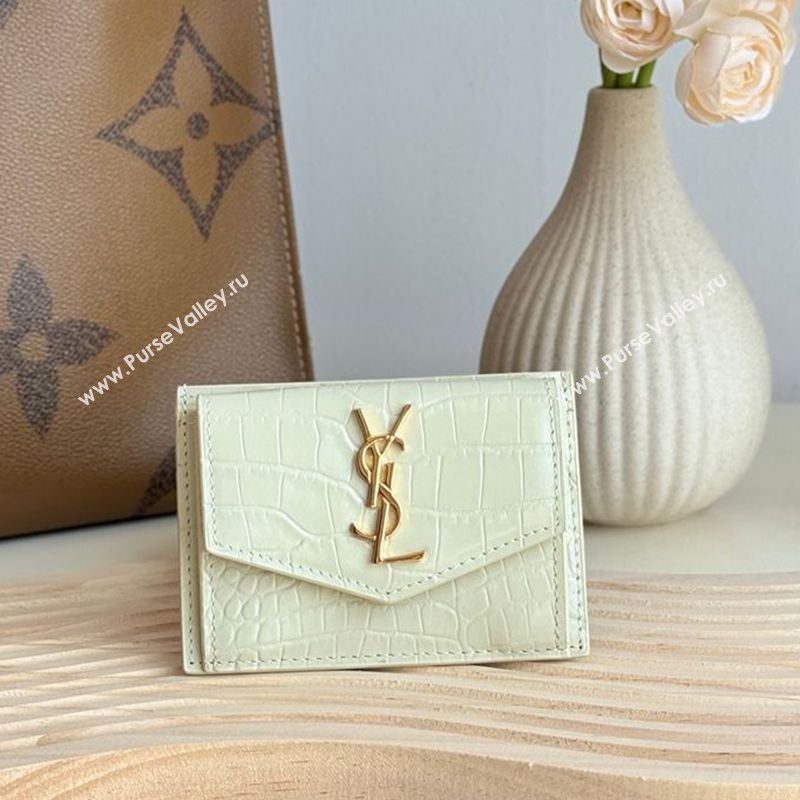 Saint Laurent Uptown Flap Card Case in Crocodile Embossed Leather White 2026 582305 (MHUI-260407002)