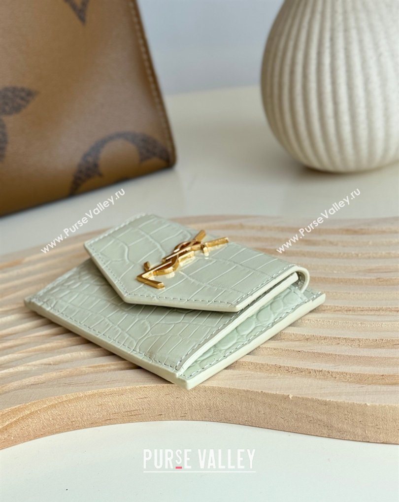 Saint Laurent Uptown Flap Card Case in Crocodile Embossed Leather White 2026 582305 (MHUI-260407002)