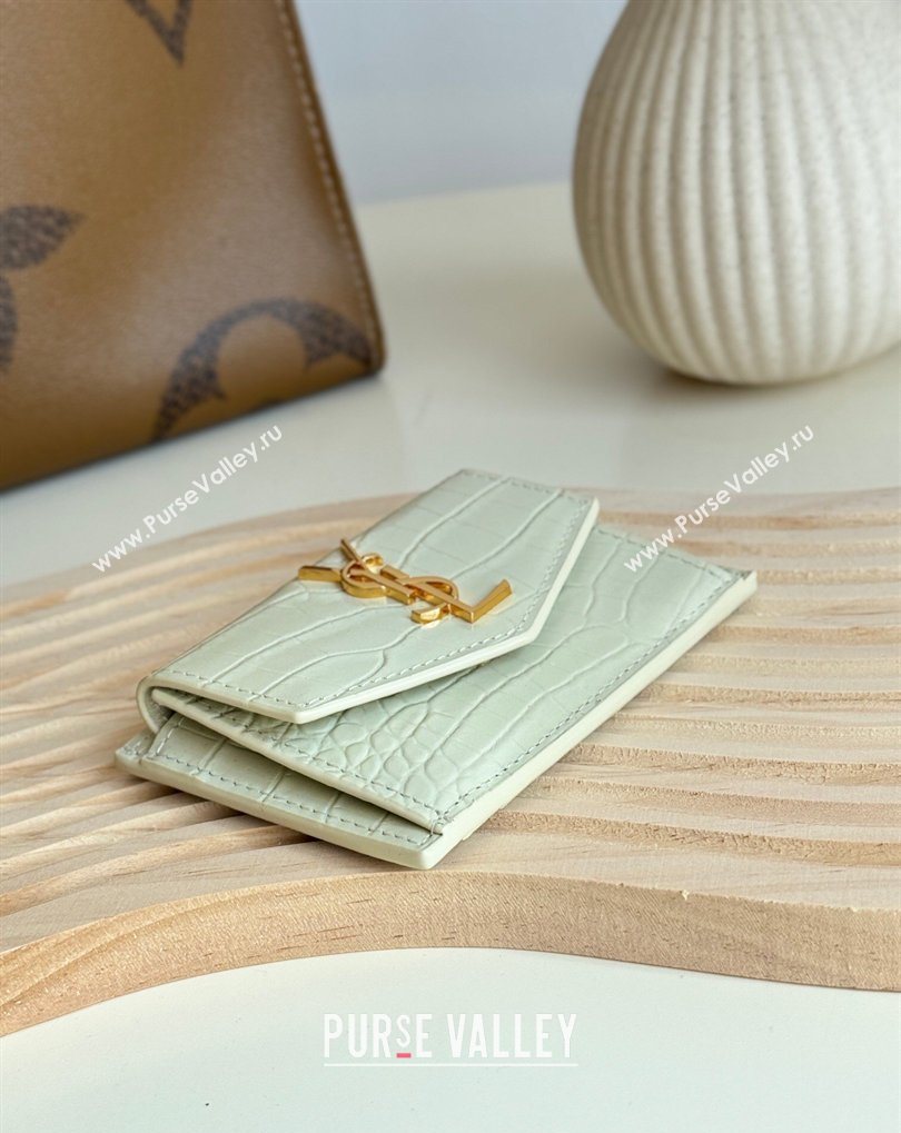 Saint Laurent Uptown Flap Card Case in Crocodile Embossed Leather White 2026 582305 (MHUI-260407002)
