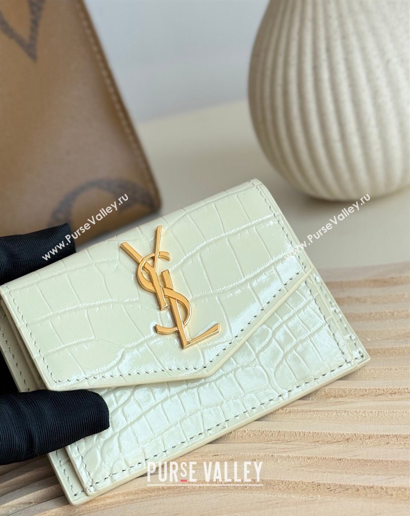 Saint Laurent Uptown Flap Card Case in Crocodile Embossed Leather White 2026 582305 (MHUI-260407002)