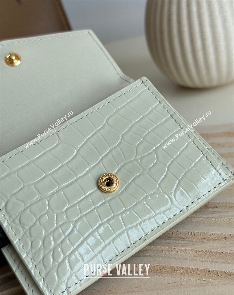 Saint Laurent Uptown Flap Card Case in Crocodile Embossed Leather White 2026 582305 (MHUI-260407002)