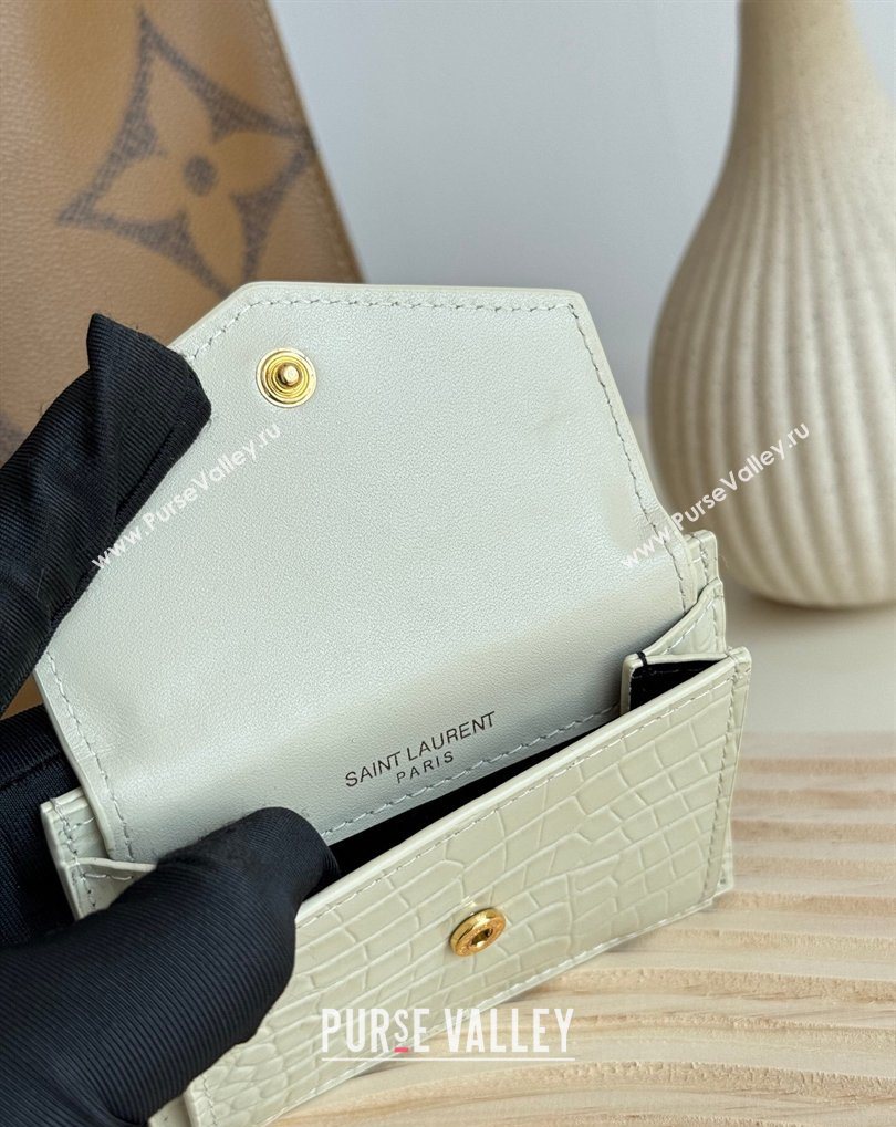 Saint Laurent Uptown Flap Card Case in Crocodile Embossed Leather White 2026 582305 (MHUI-260407002)
