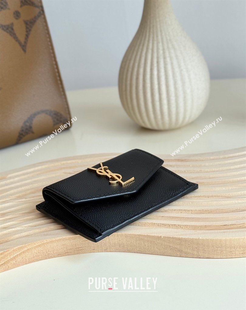 Saint Laurent Uptown Flap Card Case in Grained Leather Black/Gold 2026 582305 (MHUI-260407003)