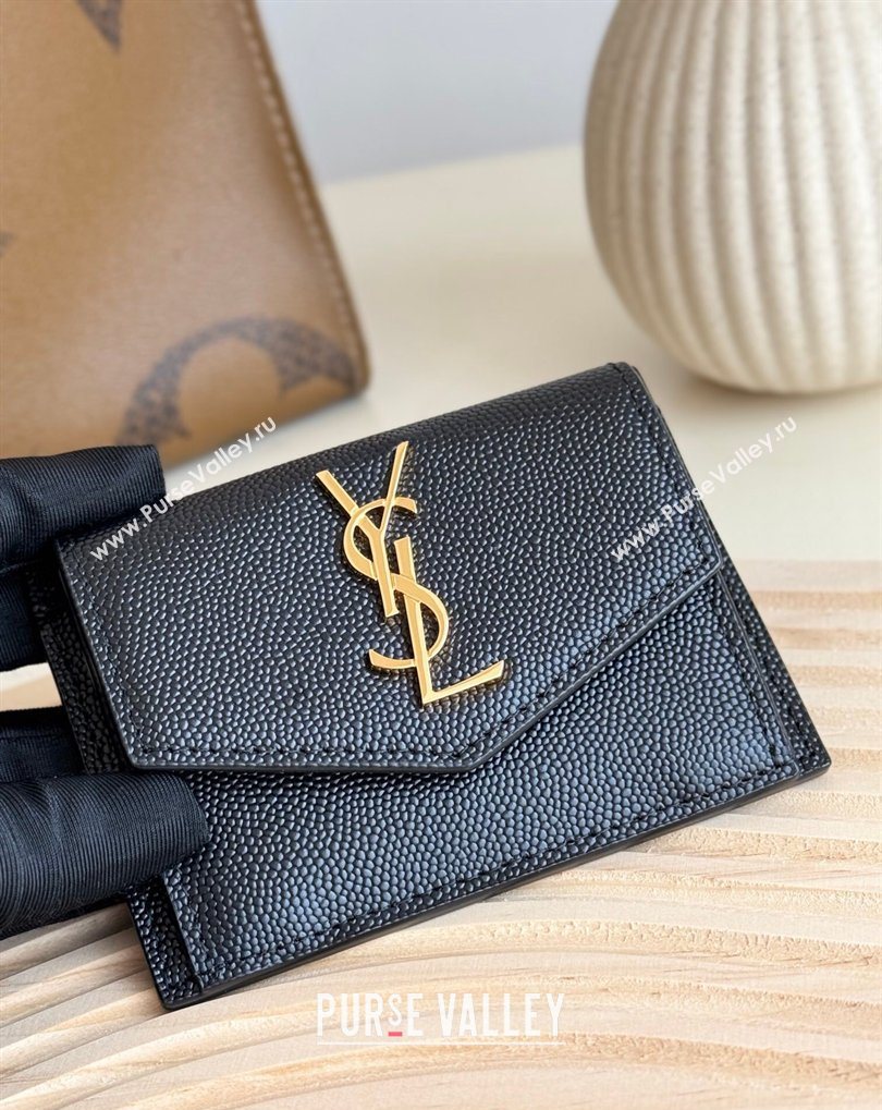 Saint Laurent Uptown Flap Card Case in Grained Leather Black/Gold 2026 582305 (MHUI-260407003)