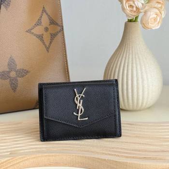 Saint Laurent Uptown Flap Card Case in Grained Leather Black/Silver 2026 582305 (MHUI-260407004)