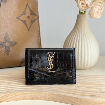 Saint Laurent Uptown Flap Card Case in Crocodile Embossed Leather Black 2026 582305 (MHUI-260407001)