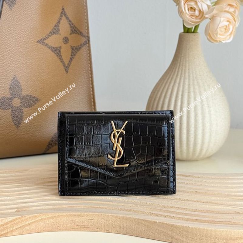 Saint Laurent Uptown Flap Card Case in Crocodile Embossed Leather Black 2026 582305 (MHUI-260407001)