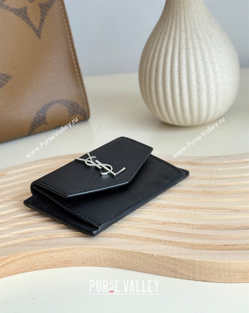 Saint Laurent Uptown Flap Card Case in Grained Leather Black/Silver 2026 582305 (MHUI-260407004)