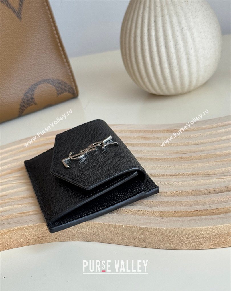 Saint Laurent Uptown Flap Card Case in Grained Leather Black/Silver 2026 582305 (MHUI-260407004)