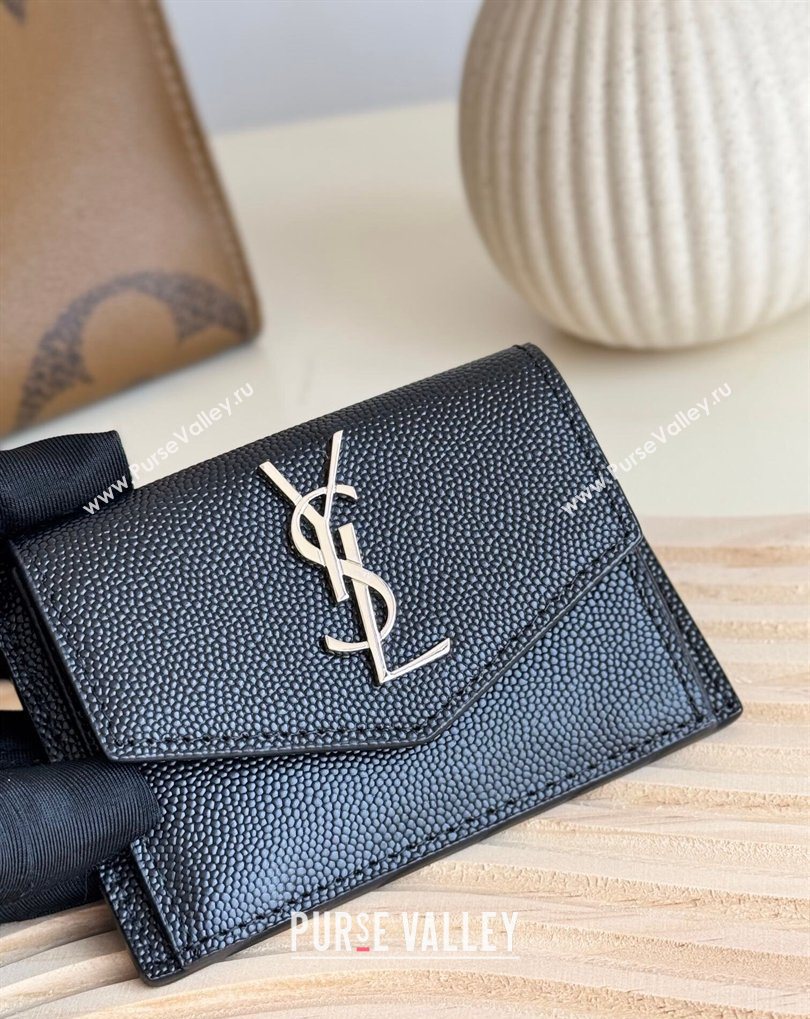 Saint Laurent Uptown Flap Card Case in Grained Leather Black/Silver 2026 582305 (MHUI-260407004)