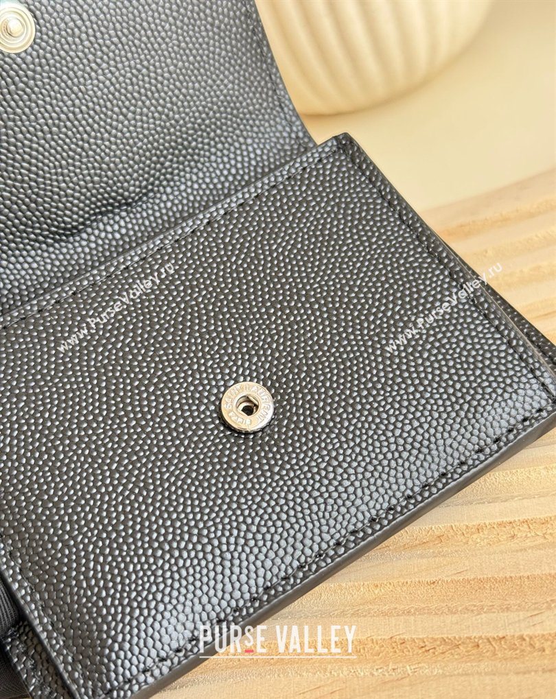 Saint Laurent Uptown Flap Card Case in Grained Leather Black/Silver 2026 582305 (MHUI-260407004)