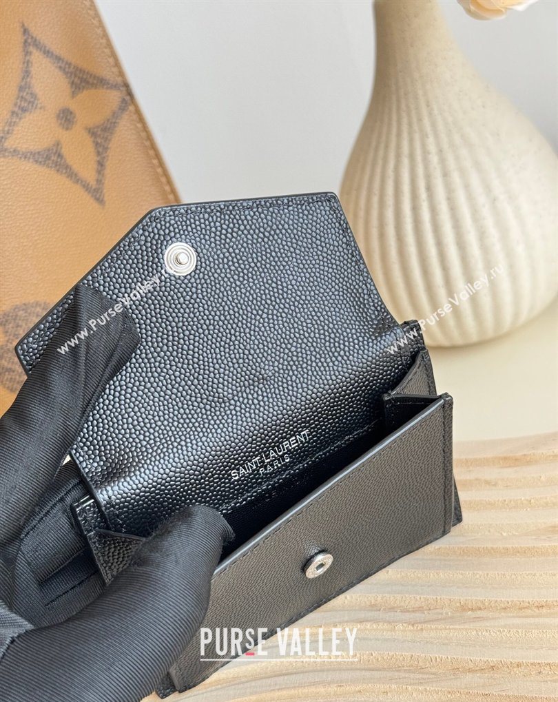 Saint Laurent Uptown Flap Card Case in Grained Leather Black/Silver 2026 582305 (MHUI-260407004)