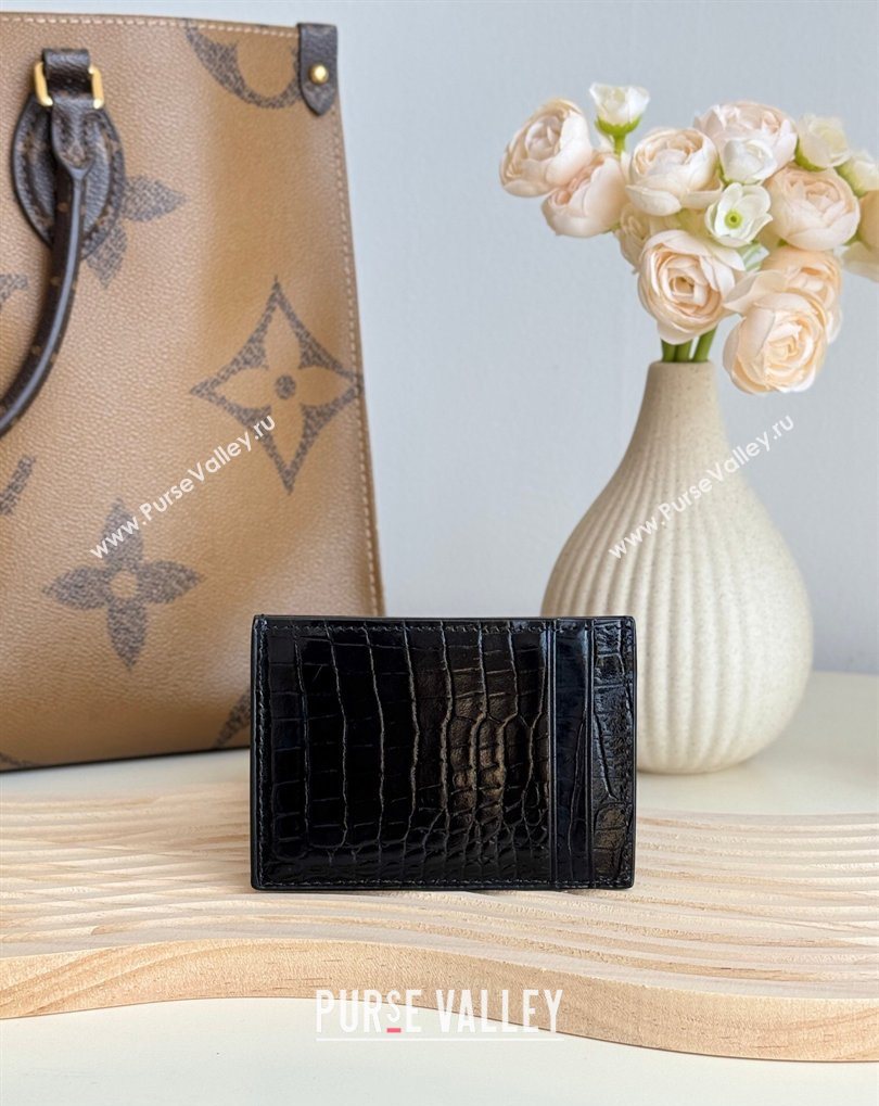 Saint Laurent Uptown Flap Card Case in Crocodile Embossed Leather Black 2026 582305 (MHUI-260407001)