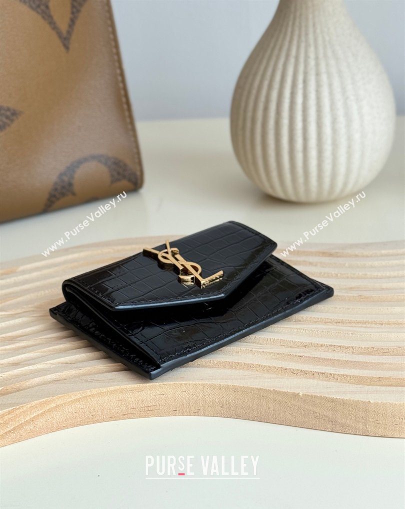 Saint Laurent Uptown Flap Card Case in Crocodile Embossed Leather Black 2026 582305 (MHUI-260407001)
