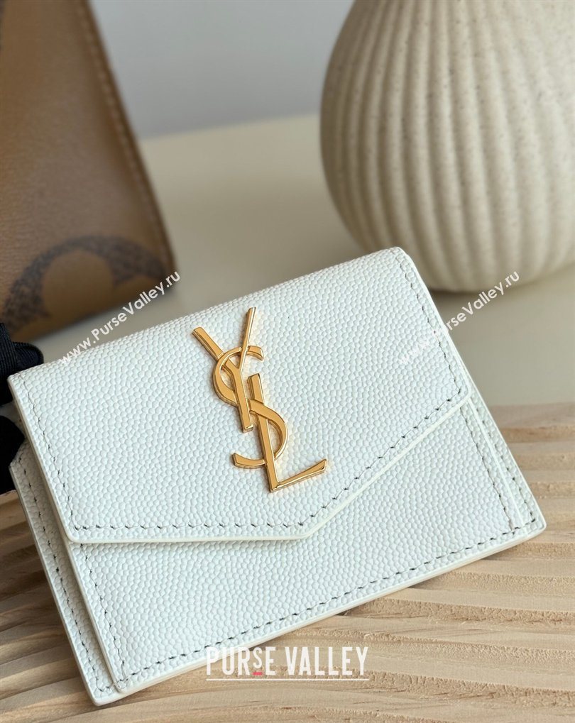 Saint Laurent Uptown Flap Card Case in Grained Leather White 2026 582305 (MHUI-260407006)