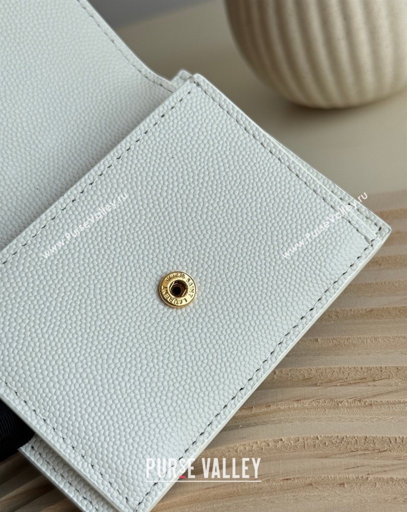 Saint Laurent Uptown Flap Card Case in Grained Leather White 2026 582305 (MHUI-260407006)