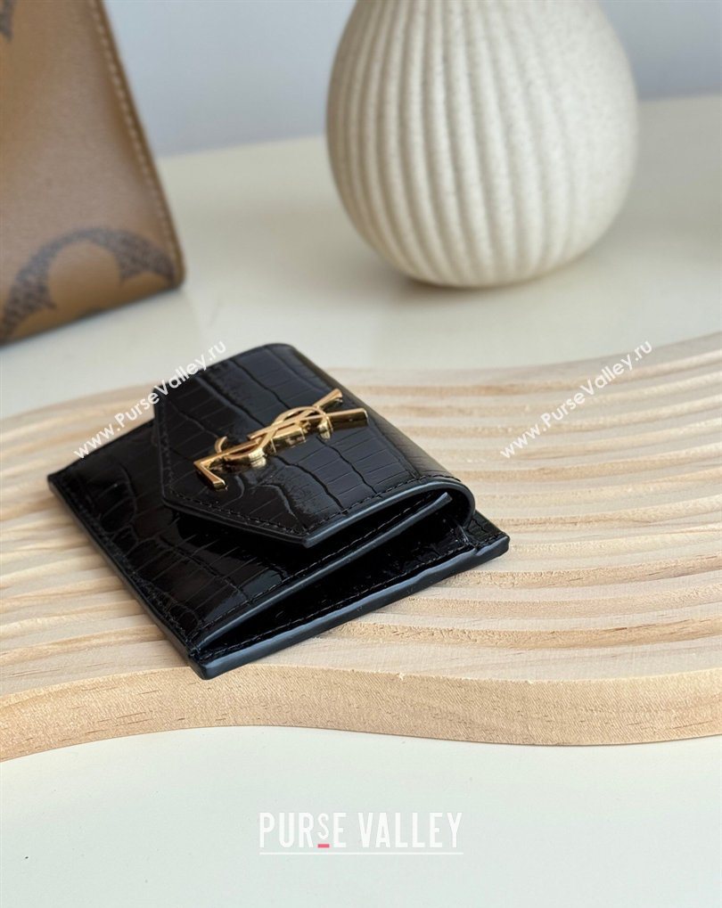 Saint Laurent Uptown Flap Card Case in Crocodile Embossed Leather Black 2026 582305 (MHUI-260407001)