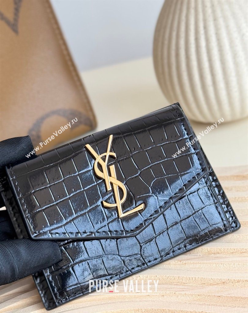Saint Laurent Uptown Flap Card Case in Crocodile Embossed Leather Black 2026 582305 (MHUI-260407001)