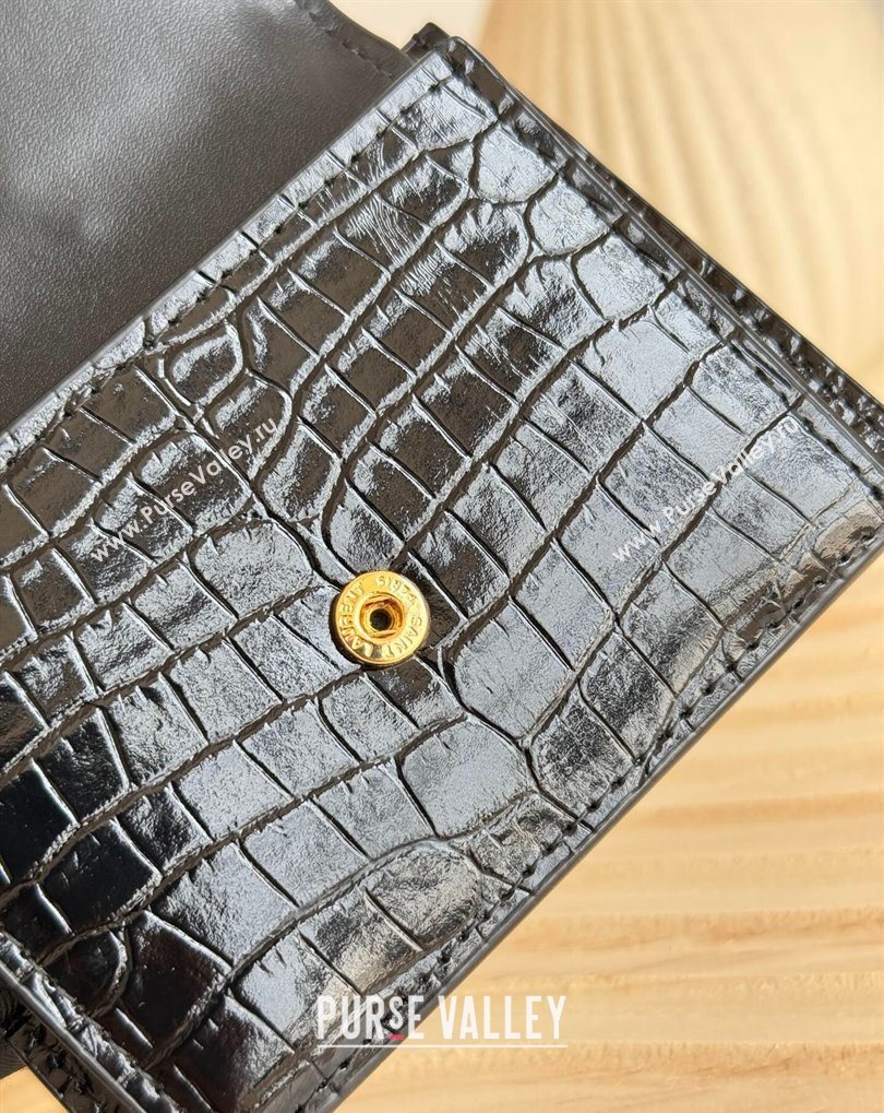 Saint Laurent Uptown Flap Card Case in Crocodile Embossed Leather Black 2026 582305 (MHUI-260407001)