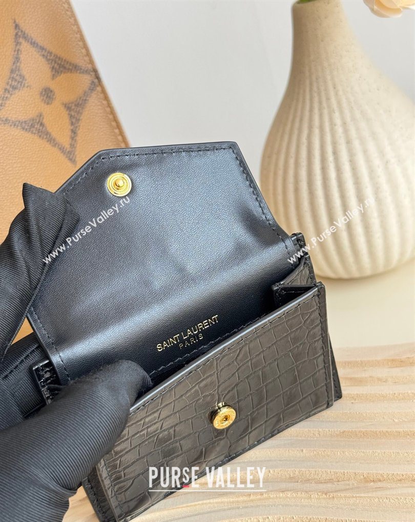 Saint Laurent Uptown Flap Card Case in Crocodile Embossed Leather Black 2026 582305 (MHUI-260407001)