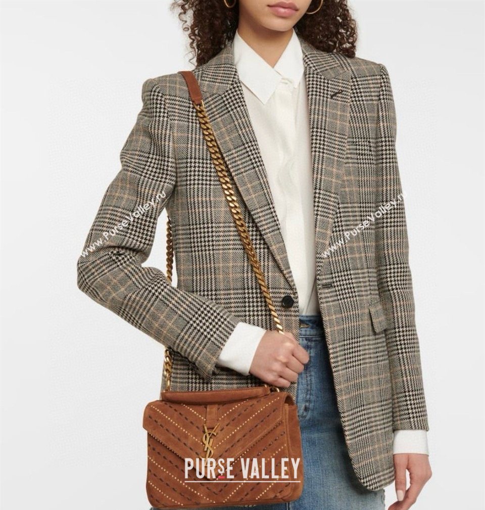 Saint Laurent Medium Monogram College Bag in Suede with Topstitching and Studs 392737 Caramel 2026 (MHUI-260407012)