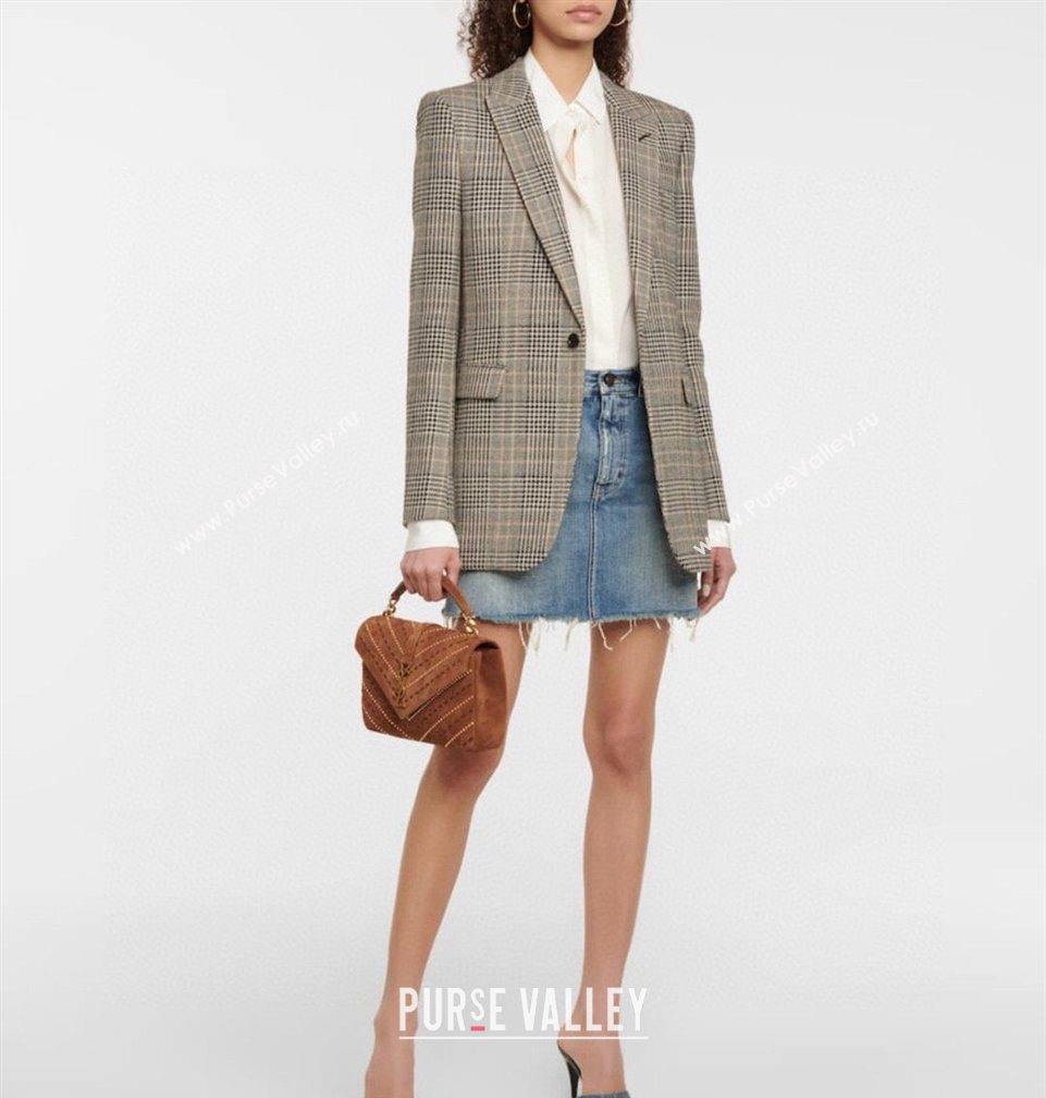 Saint Laurent Medium Monogram College Bag in Suede with Topstitching and Studs 392737 Caramel 2026 (MHUI-260407012)