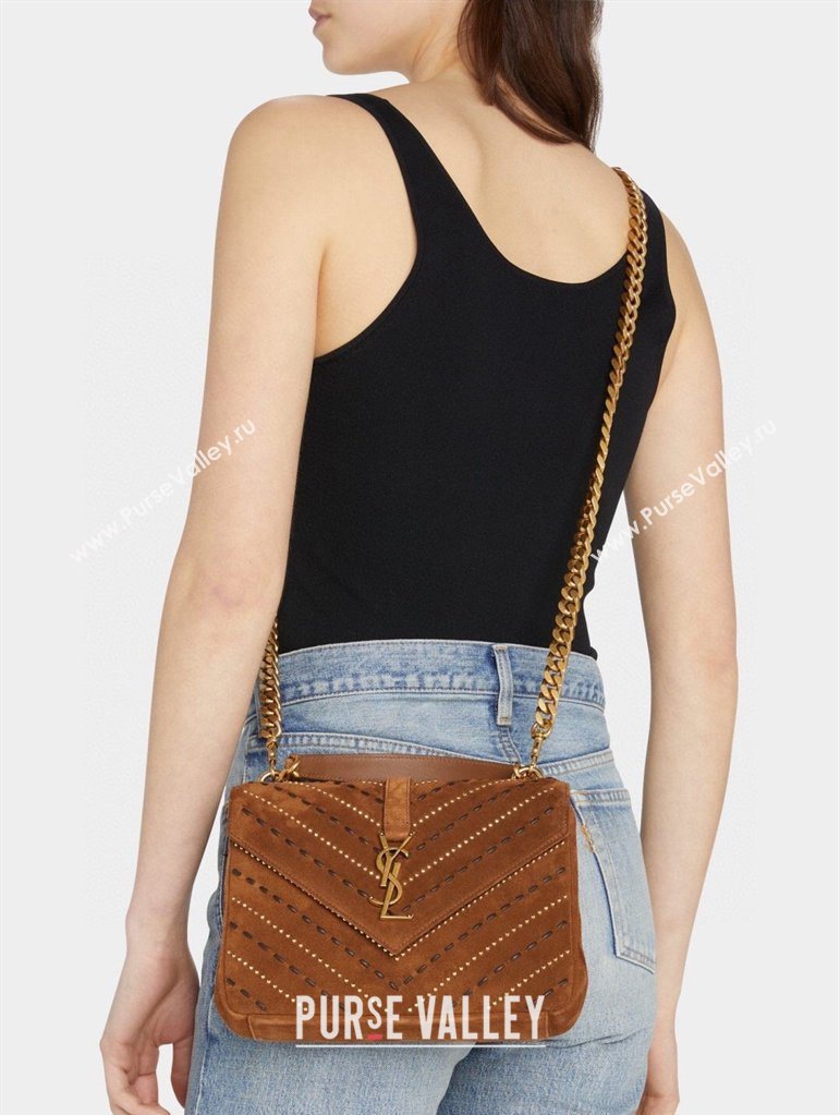 Saint Laurent Medium Monogram College Bag in Suede with Topstitching and Studs 392737 Caramel 2026 (MHUI-260407012)