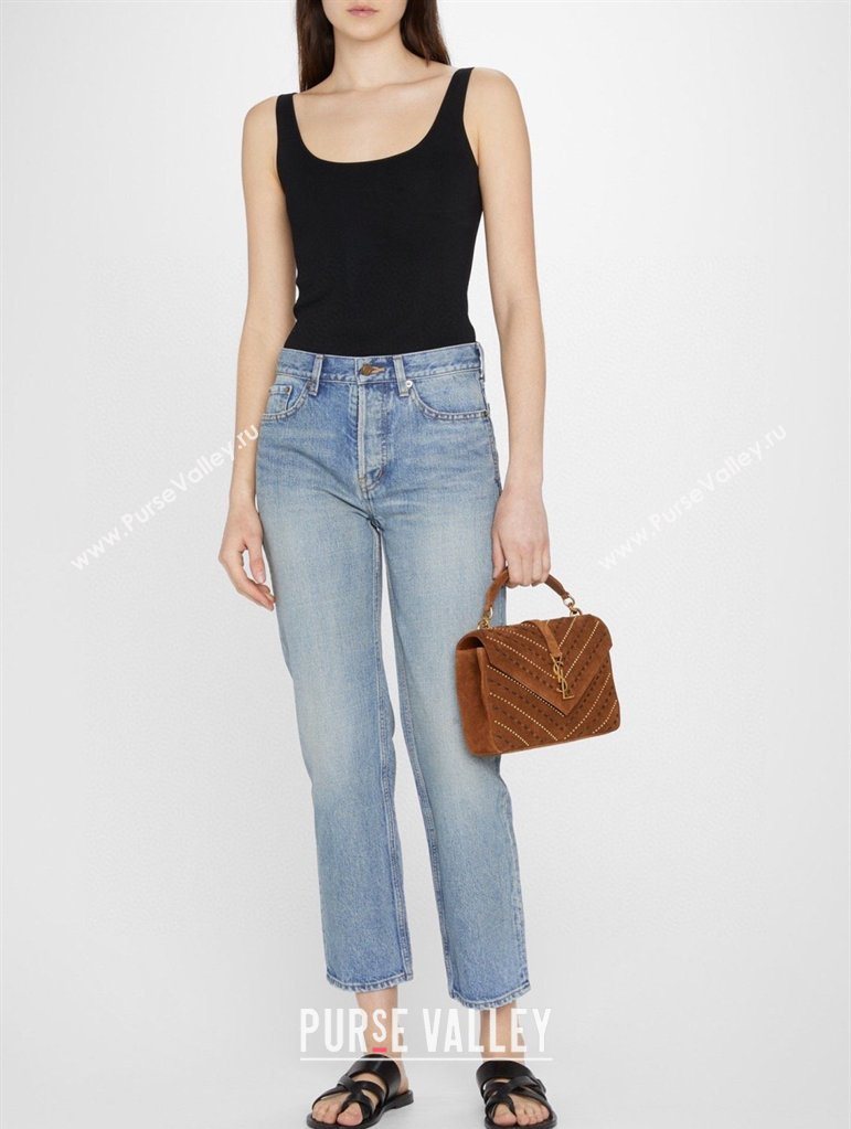 Saint Laurent Medium Monogram College Bag in Suede with Topstitching and Studs 392737 Caramel 2026 (MHUI-260407012)