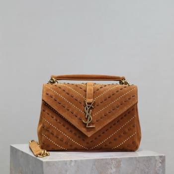 Saint Laurent Medium Monogram College Bag in Suede with Topstitching and Studs 392737 Caramel 2026 (MHUI-260407012)